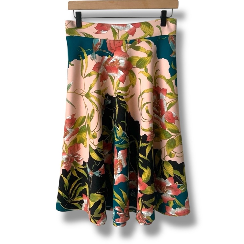 NEW YORK & COMPANY Floral A-Line Skirt Scuba Office Y2K 90s Vintage Teal Pink XS